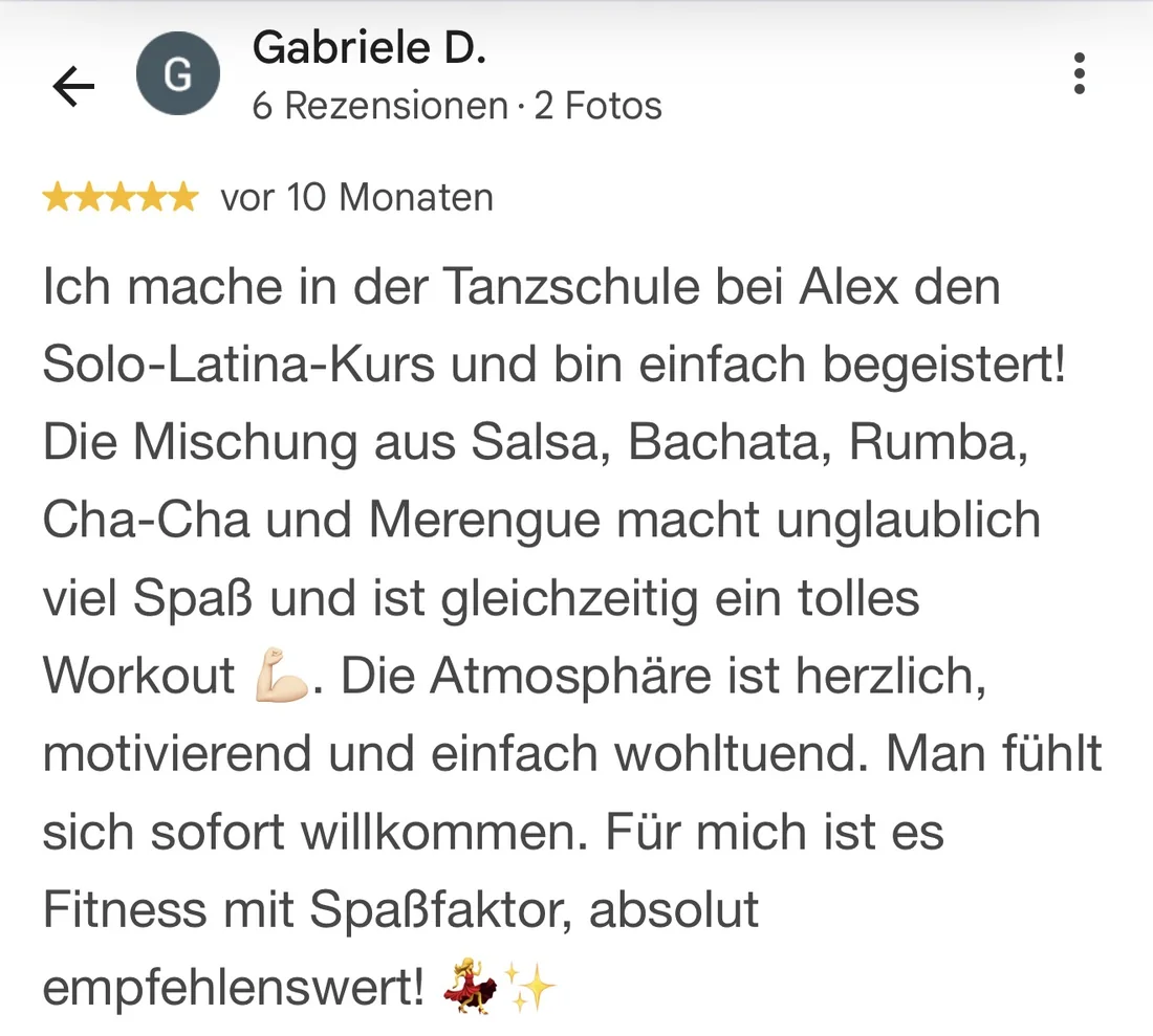 Originale Google-Bewertung von Gabriele D. über den Solo-Latina-Kurs