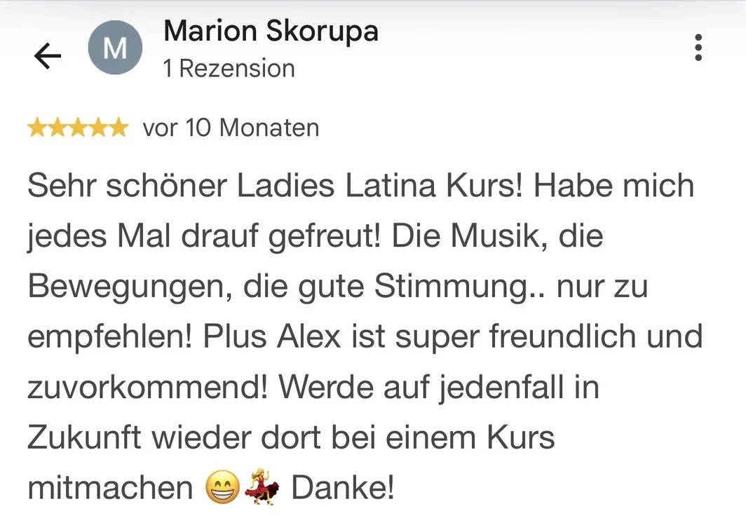 Originale Google-Bewertung von Marion Skorupa über den Ladies-Latina-Kurs