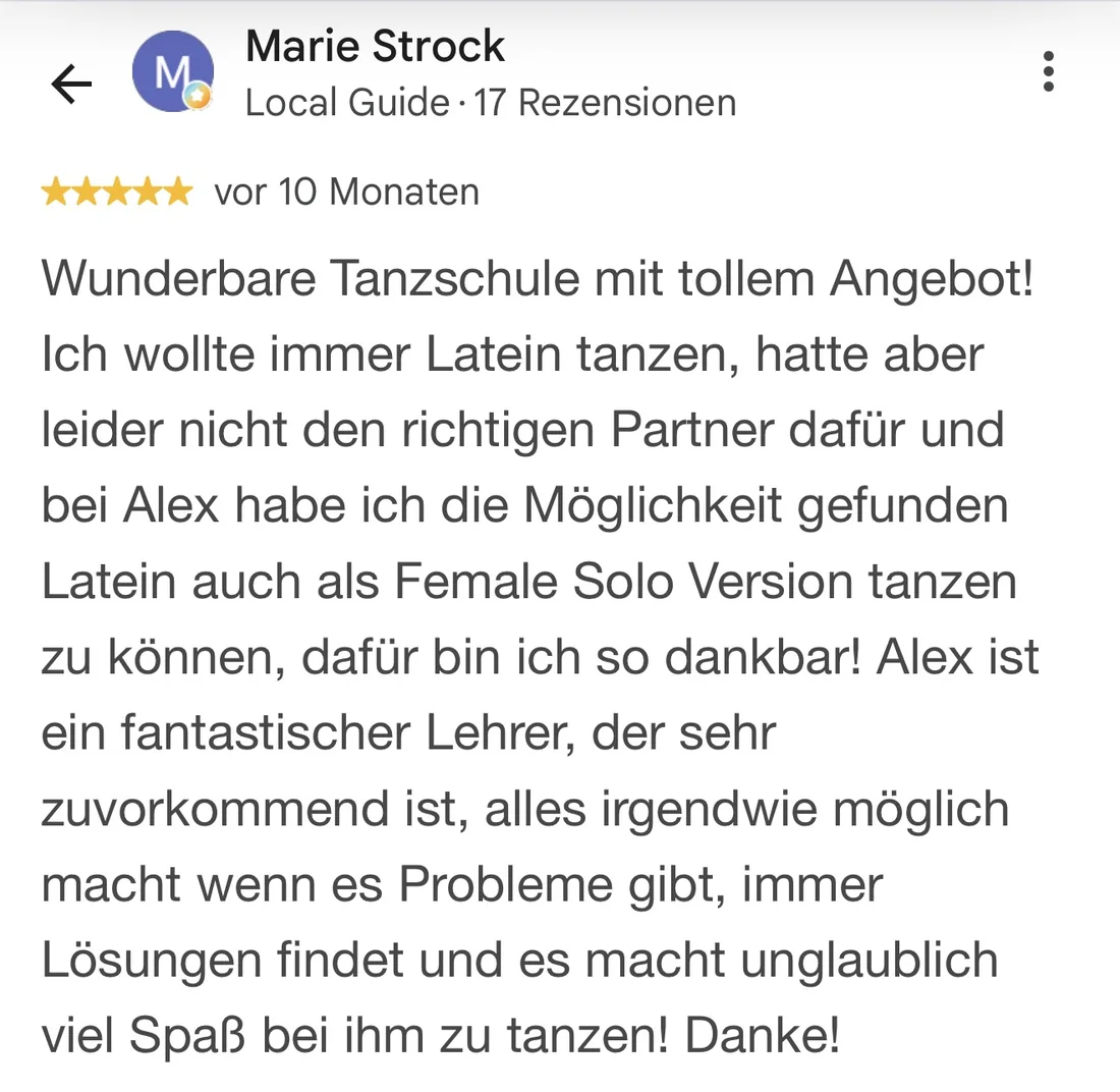 Originale Google-Bewertung von Marie Strock über Latein-Tanzen ohne Partner