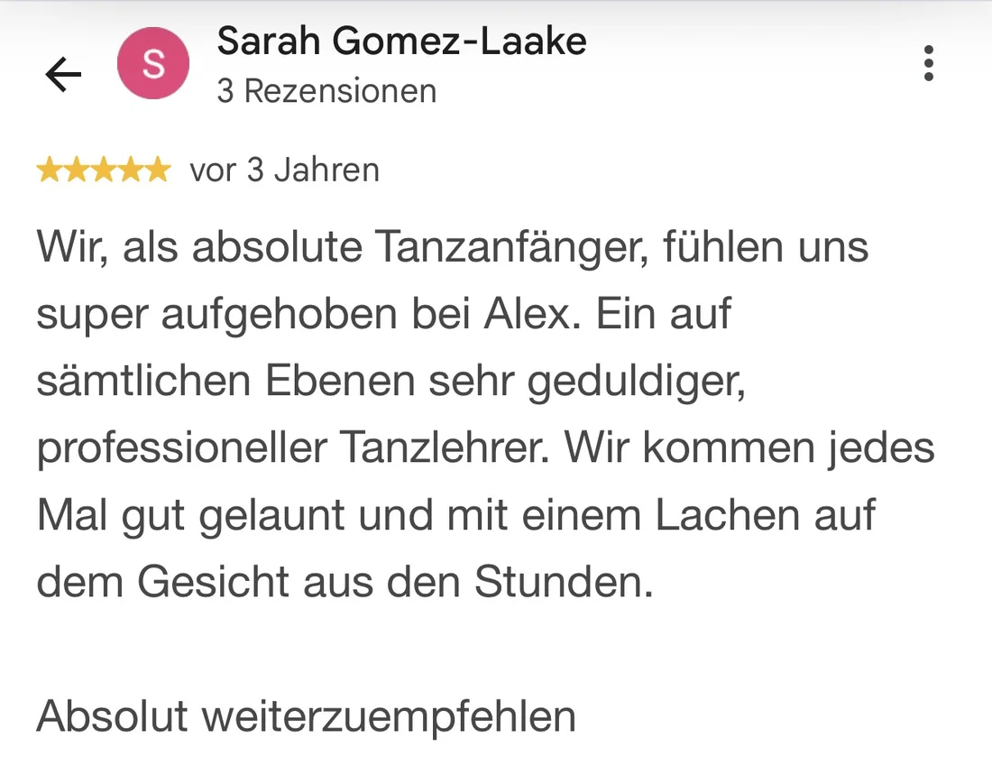 Originale Google-Bewertung von Sarah Gomez-Laake über Tanzen für Anfänger