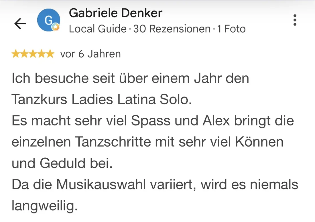 Originale Google-Bewertung von Gabriele Denker über Ladies Latina Solo