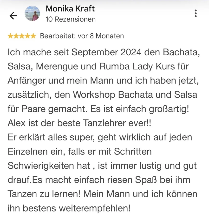 Originale Google-Bewertung von Monika Kraft über Ladies Latina und persönliche Betreuung