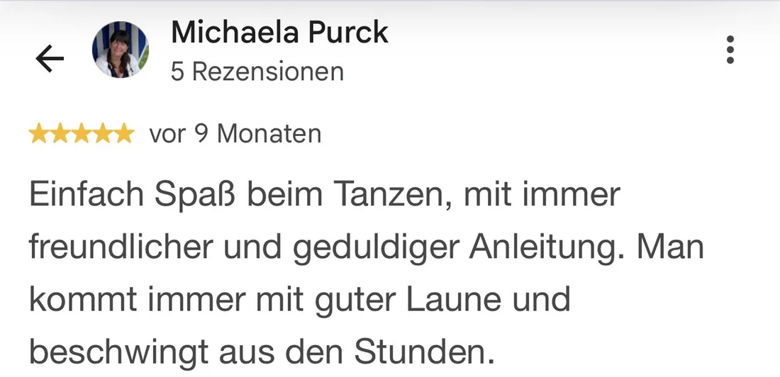 Originale Google-Bewertung von Michaela Purck über gute Laune nach dem Tanzen